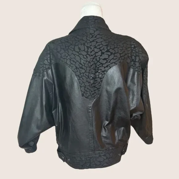 🖤 VTG 1980s WINLOCK GENUINE LEATHER JACKET COAT LEOPARD ANIMAL CONTRAST MEDIUM - Picture 5 of 14